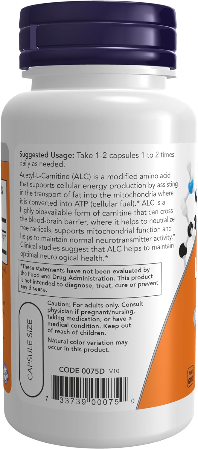 NOW Foods Acetyl-L-Carnitine, 500 mg, 50 Veg Capsules 24Hr Smart